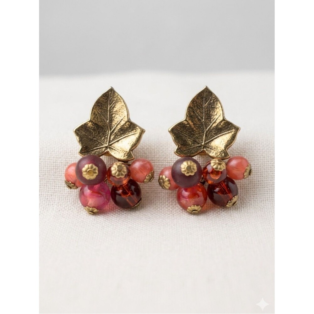 Vintage Cluster Leaf Dangle Earrings Red Berry Grape Gold Statement Cottagecore